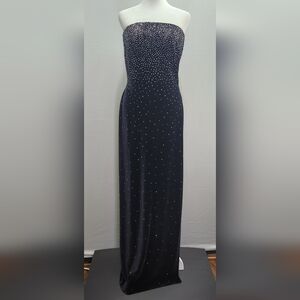 VTG Reggion Black Velvet  Strapless  Sheath Gown Rhinestone Goth Farry Grunge.